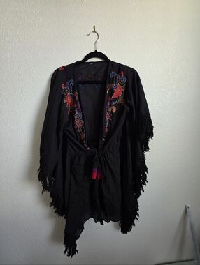 Black Embroidered Fringe Kimono with Colorful Accents